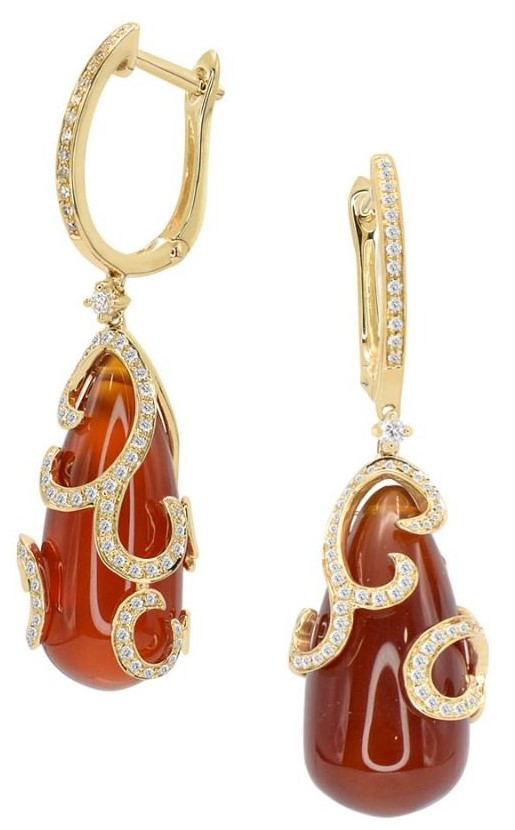 Gemstone dangle earrings in gold and diamond