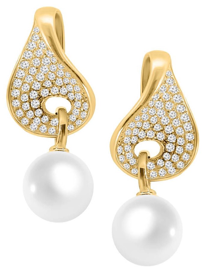 Drop pearl earrings in gold and diamond