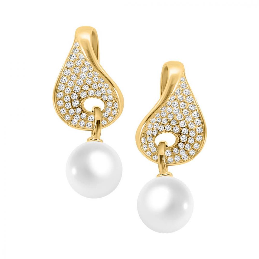 Hanging fresh water pearl studs in yellow gold