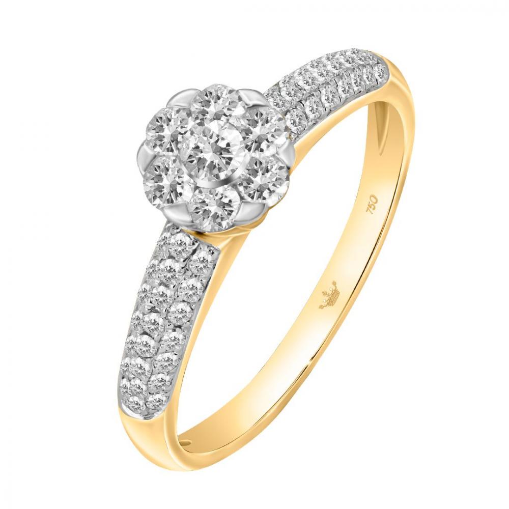 Coronet diamond ring with two layer shoulder diamonds in 18K yellow gold