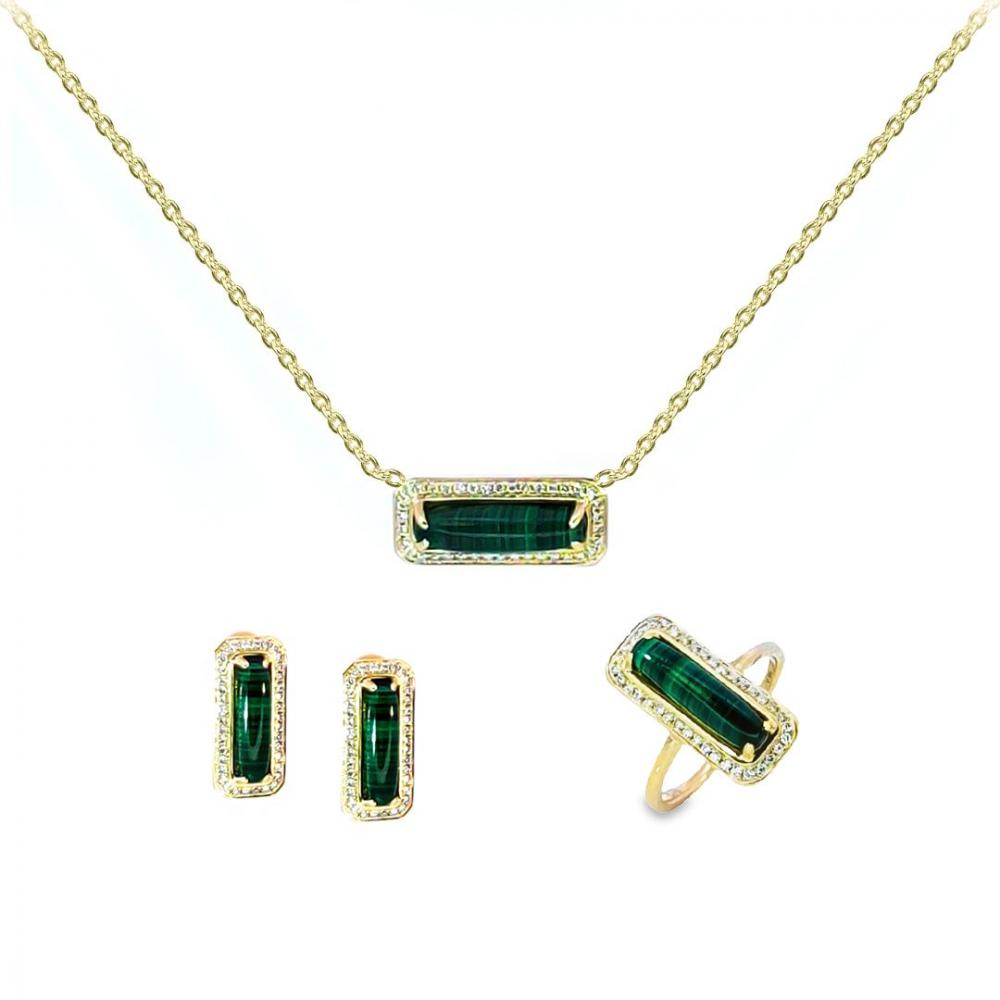 Malachite Diamond Necklace Set in Yellow Gold