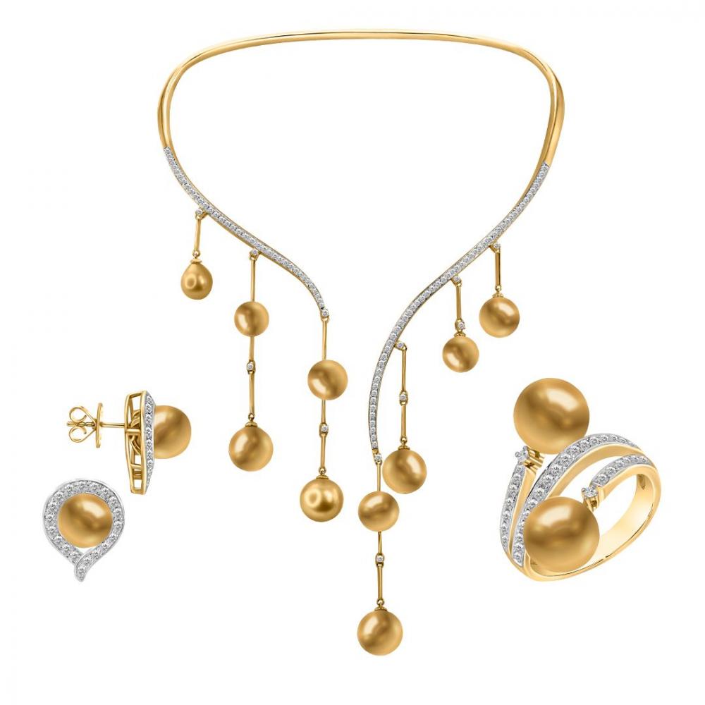 Radiant Golden Cascade Pearl Collar Necklace Set