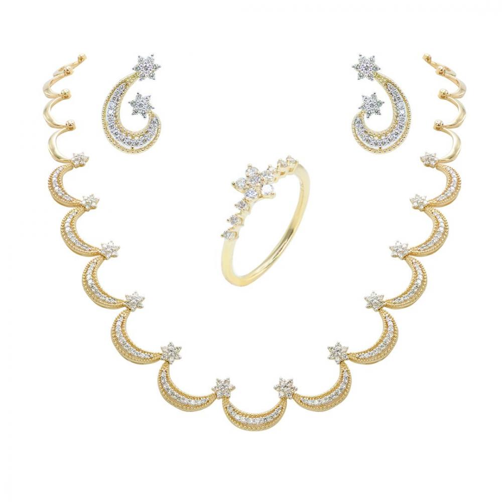 Sleek Crescent Shaped Diamond Necklace Set in Yellow Gold