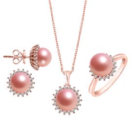 ROSE GOLD PINK PEARL & DIAMOND HALO PENDANT  SET