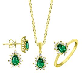 Pear shaped emerald diamond pendant set in yellow gold