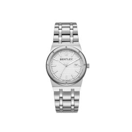 Bentley stainless steel watch with white dial and date functionality.