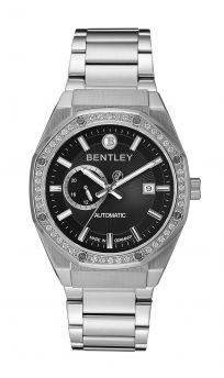 Bentley stainless steel watch with black dial and white sapphires studded on bezel