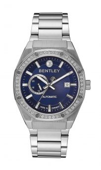 Bentley stainless steel watch with sapphire accents and blue dial.