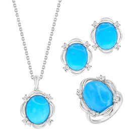 Luxury 18K White Gold Jewelry Set with vibrant turquoise gemstones and sparkling diamonds, including a ring, earrings, and pendant.
