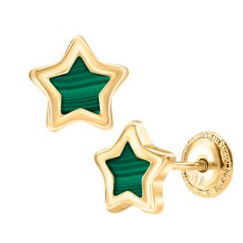 Star designed 18K yellow gold earrings with Malachite - 1