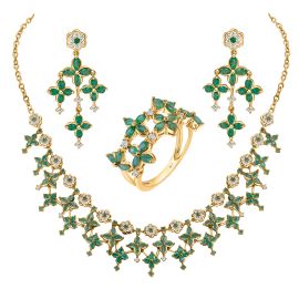 Floral designed diamond necklace with marquise and round cut emeralds