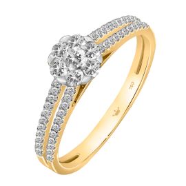 Clustered round cut Coronet diamond ring in yellow gold