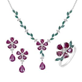 Floral designed ruby and emerald diamond necklace set 