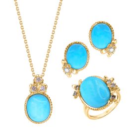 18K Yellow Gold Oval Turquoise Diamond Pendant Set