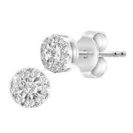 Round illusion halo stud diamond earring in 18K white gold - 1