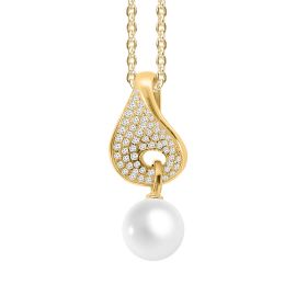 Diamond Studded Droplet Shaped Pendant With Hanging Fresh Water Pearl in 18k Yellow Gold