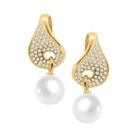 Diamond Studded Droplet Shaped Earring With Hanging Fresh Water Pearl in 18k White Gold